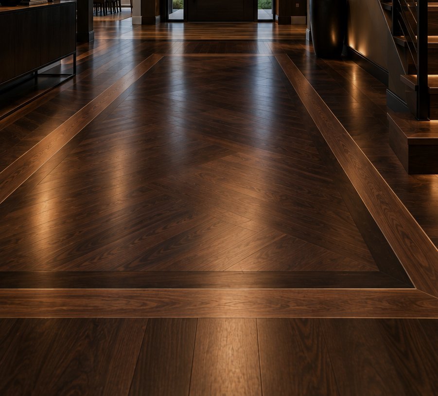 Custom hardwood layout — chevron field with inlay border